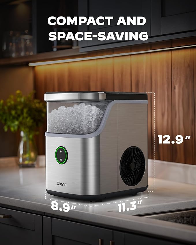 Silonn Nugget Ice Maker Countertop, Ice Basket with Handle, Quiet Operation & Self Cleaning Ice Machine, Chewable Ice, 33 lbs/24H, Portable Pellet Ice Maker with Scoop for Home, Kitchen and Office