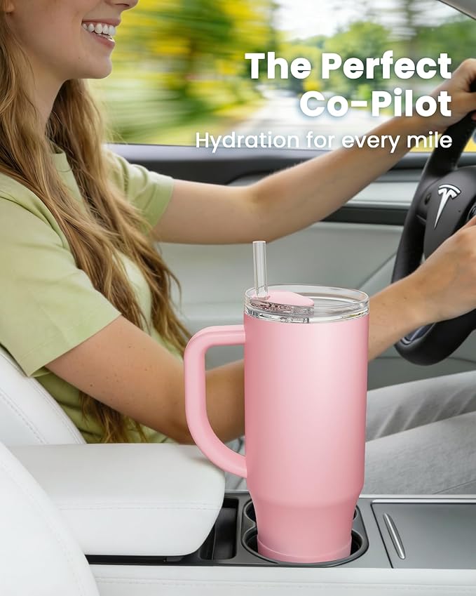 Renoj Insulated Mug 100% Spill Resistant Insulated Water Bottle for Iced Coffee & Hot Drinks - Fits Car Cup Holder, Ideal Gift, 2 Straws & Silicone Boot - FlexSlide Pink 32 oz