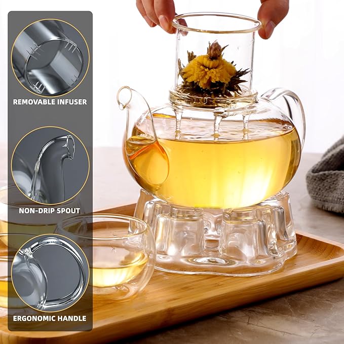 Glass Teapot Set, 34OZ/1000ML Glass Tea Kettle with Loose Tea Infuser & Warmer, 5OZ/150ML Double-Wall Tea Cup Set of 4, Stovetop & Microwave Safe Tea Maker, Blooming Tea Gift Set For Women