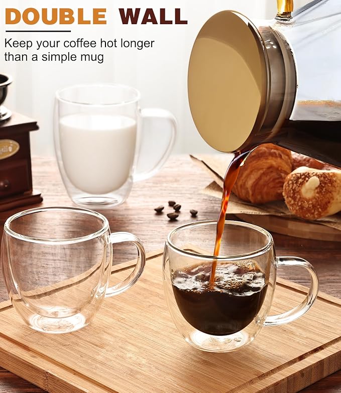 Espresso Cups Set of 4,5oz Hand Blown Double Walled Insulated Espresso Coffee Mugs with Handle,Perfect for Cappuccino, Latte, Tea, Clear Glass Espresso Shot Cups Suitable for Coffee