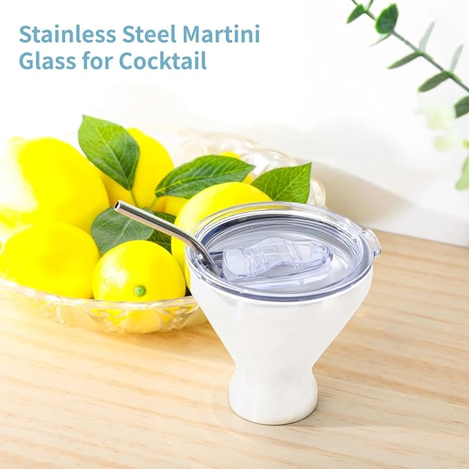 Stainless Steel Martini Glasses with Lids and Straws, Martini Glasses Set of 4, Perfect for Home Bar, Beach, and Picnics, Quality Double-Wal (White)
