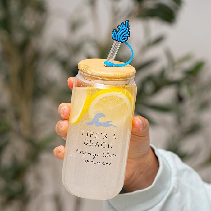 The Love Crate Co. Ocean Gifts for Women - Glass Tumbler with Lid and Straw, Customized Straw Stopper and Cup Sleeve, Aesthetic Unique Design Iced Coffee Gift Cup for Mom, Teacher, Friend