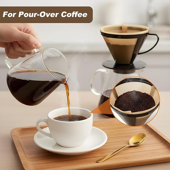 2pcs 4 Cone Coffee Filters Basket Reusable Coffee Maker Filter Replacement With Handle Permanent Reusable Filter Basket For Makers Brewers