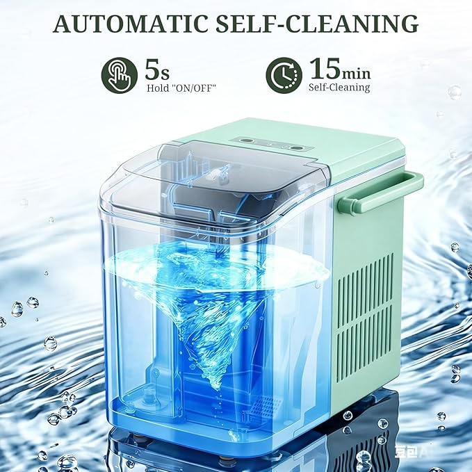 Ice Maker, Portable Ice Makers Countertop with Handle, Basket & Scoop, 26Lbs/24Hrs, 9 Bullet Ice Cubes in 6 Mins, 2 Ice Sizes, Self-Cleaning, Quiet Compact Ice Machine for Home Kitchen Party, Green