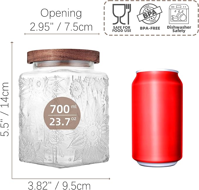 Custde Glass Storage Jars With Airtight Lid, 23.7oz Container For Kitchen Counter with Wood Lid, brown sugar, candy, coffee, cookie, salt, tea, cute Jar (Square Sunflower)