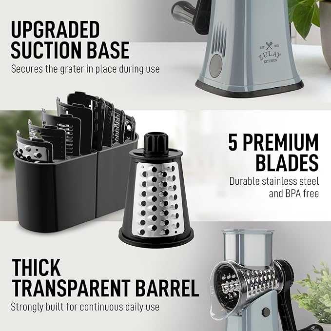 Zulay Kitchen Rotary Cheese Grater 5 Blade Cheese Shredder - Manual Hand Crank Cheese Grater With Reinforced Suction & 5 Interchangeable Drums - Easy to Use, Vegetable Chopper Round Mandoline Slicer