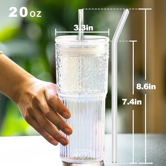 JunVpic Glass Cups with Lids and Straws, 20 OZ Multi Iced Coffee Glasses Tumblers for Ice Water, Juice, Tea, Milk, Smoothie and Cold or Hot Drinks, Set of 2