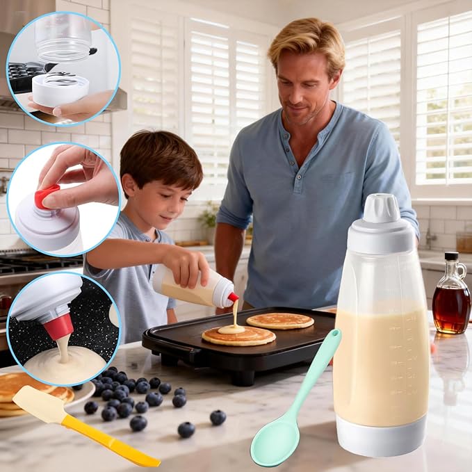 Pancake Batter Dispenser, 33 Oz Pancake Mixer Bottle with Silicone Spatula and Spoon, Kitchen Squeeze Batter Dispenser and Mixer with BlenderBall for Pancake, Waffle, Crepe, Muffin, Cupcake