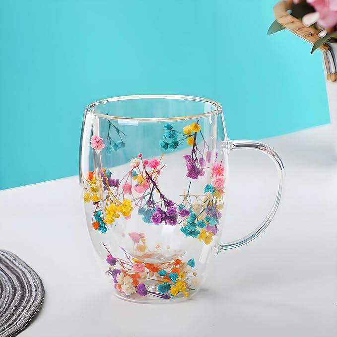 Double Walled Clear Glass Espresso Cups with Handle Cute Floral Latte Coffee Mugs for Women Unique Tea Mug Cappuccino Cups
