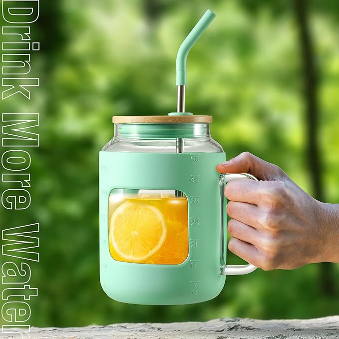 WINSA 50 oz Glass Water Bottles with Silicone Sleeve,Glass Tumbler with Lid and Straw,Iced Coffee Cup with Handle,BPA Free-Green