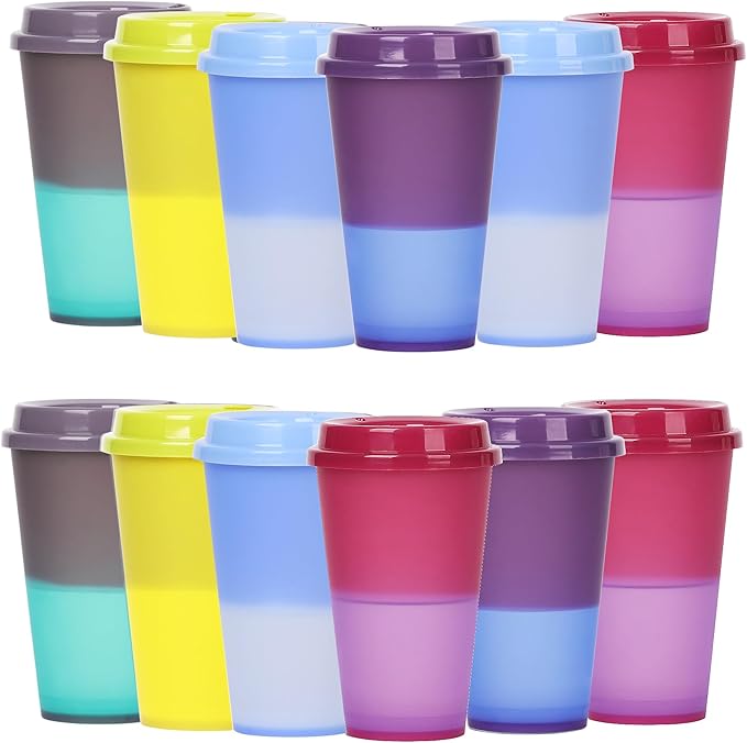 Color Changing Coffee Cups, 16oz Reusable Coffee Cups with Lids, 12 Pack Hot Coffee Tumbler for Adult Party Favors, Leak-Proof, BPA-free, and Safe for Dishwashers