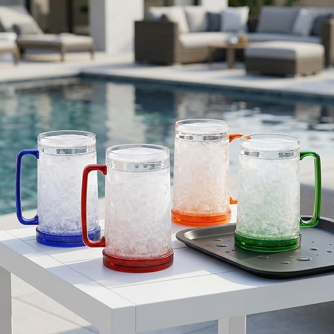 Fasmov Freezer Beer Mugs, 4 Pack Double Wall Gel Frosty Freezer Ice Mugs, Plastic Beer Mugs With Handles for Parties and Gifts, 16oz (Blue, Red, Orange and Green)