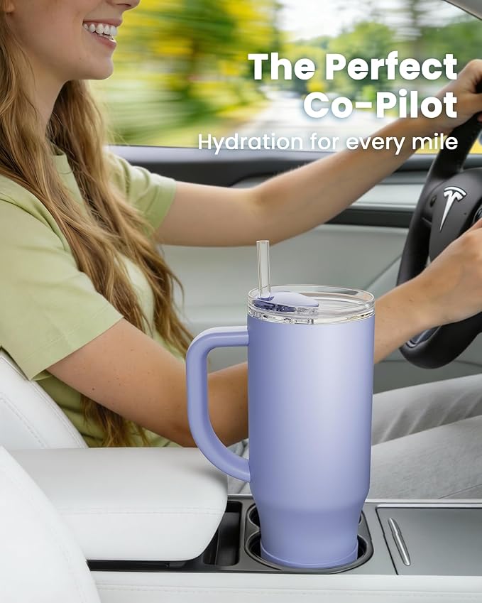Renoj Insulated Mug 100% Spill Resistant Insulated Water Bottle for Iced Coffee & Hot Drinks - Fits Car Cup Holder, Ideal Gift, 2 Straws & Silicone Boot - FlexSlide Blue 32 oz