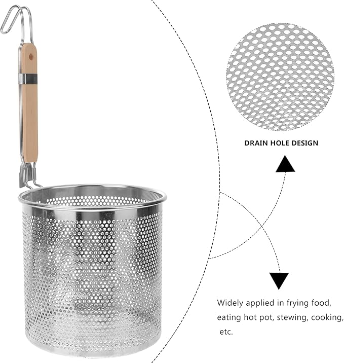 STOBAZA Noodles Strainer Colander Fry Basket Ramen Pasta Basket Stainless Steel Mesh Spider Strainer with Wooden Handle, Fine Mesh Skimmer for Rinsing Straining Boiling Frying