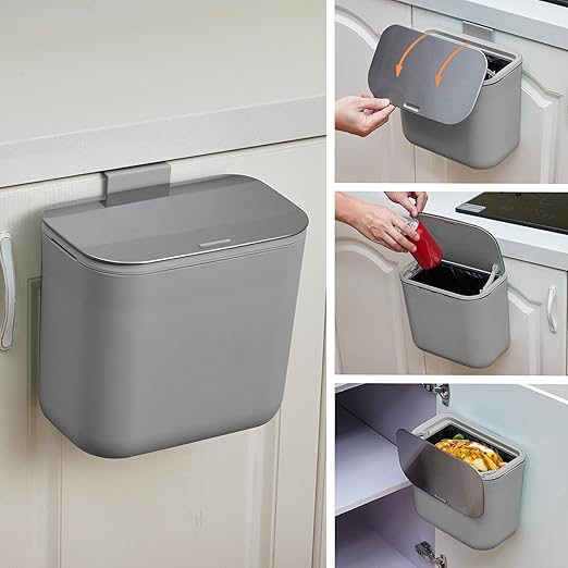 1.8 Gallon/7L Hanging Trash Can with Stainless Steel Lid, Mountable Compost Bin for Kitchen Cabinet Door, Under Sink Food Waste Container for RV, Bathroom, Office