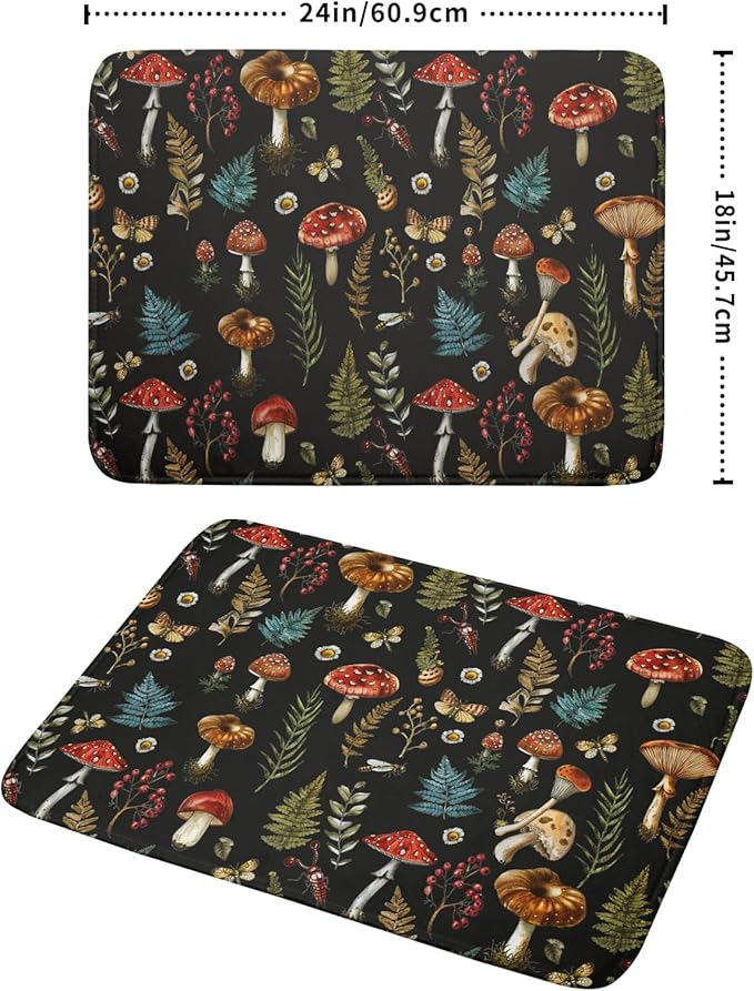 Natural Botanical Dish Drying Mat Mushroom Fern Leaves Berry Drainer Mat Black Drying Pad for Countertop 18 X 24 Inch