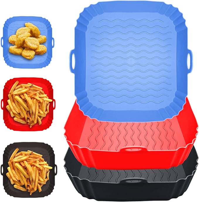 2 Pack Air Fryer Liners,8 Inch Silicone Airfryer Liners,Air Fryer Accessories,Reusable Baking Tray Oven Accessories,Replacement of Flammable Parchment Paper (Red Blue) (Black&Red&Blue)