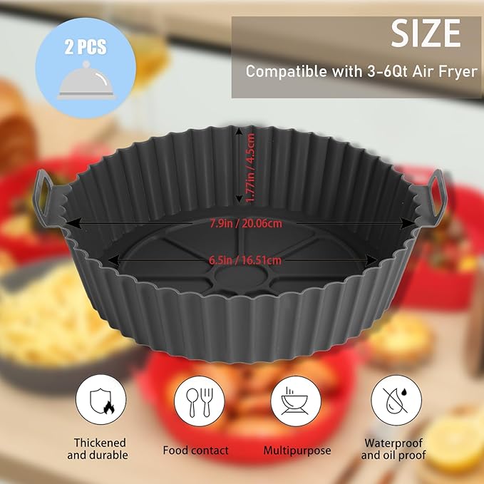 Silicone Liners, Pot 2 Pcs Reusable Non-Stick Air Fryer Basket Bowl Fit 3-5QT Baking Replacement of Flammable Parchment Paper(Round, 6.5 Inch)
