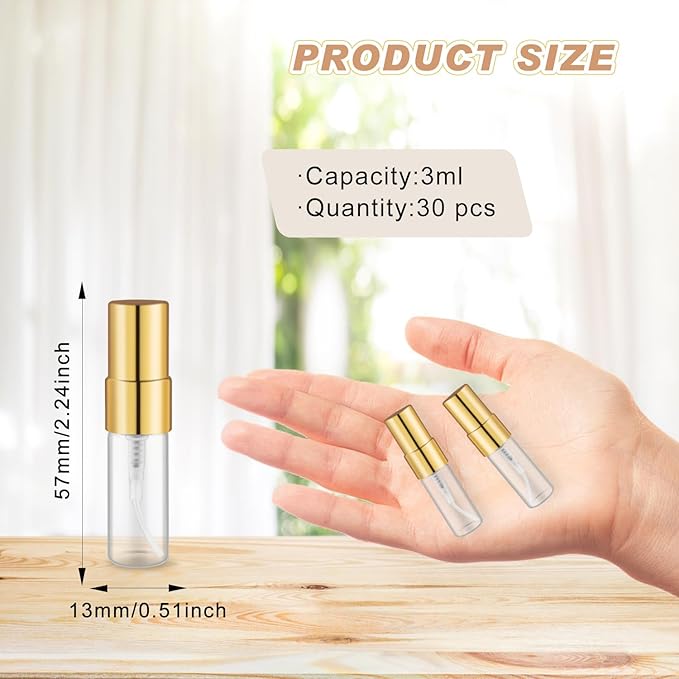 30 Pack Empty Mini Glass Spray Bottle Refillable Fine Mist Perfume Atomizer Portable Travel Sample Spray Bottles Containers For Perfume Essential Oils Cosmetics Liquid (clear bottle, 3ml)