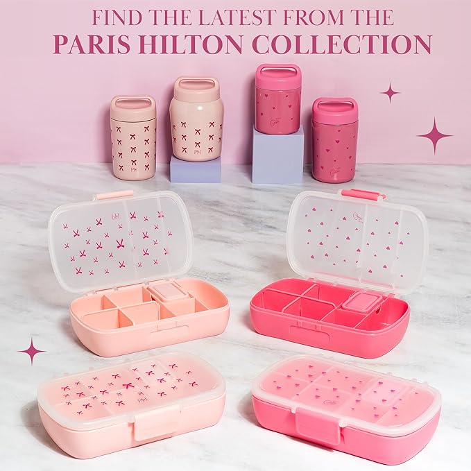 Paris Hilton Stainless Steel Food Jar, Double Wall Vacuum Sealed Insulated Food Storage Container with Carry Handle Lid, 24-Ounce, Pink with Bow Design