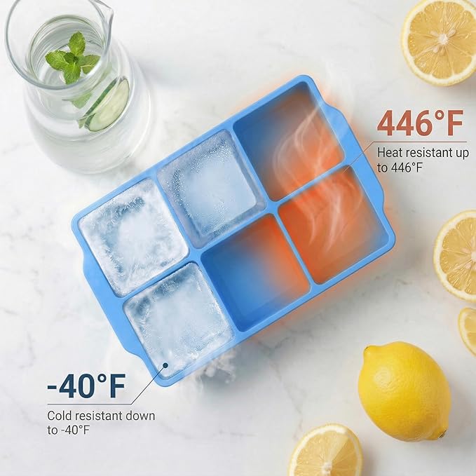 KitchFort Large Silicone Ice Cube Tray (3-Pack), Easy Release 2" Big Ice Cubes - Cocktail, Whiskey Ice Cubes Mold - Ice Trays for Freezer with Lid - Stackable Silicone Ice Tray - Blue