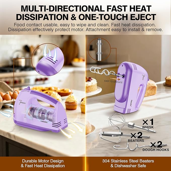 Electric Handheld Mixer, 7-Speed Adjustable Kitchen Mixer, 5 Stainless Steel Accessories (2 * Dough Hooks, 2 * Beaters, 1 * Whisk), Perfect for Kitchen and Baking Food Mixers, Purple