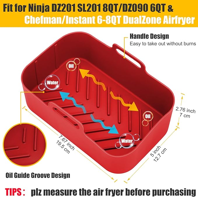 Silicone Air Fryer Liners for Ninja Foodi Dual DZ201/DoubleStack SL201 8QT, 2Pcs Reusable Airfryer Dual Basket for Chefman 6QT/Instant Vortex Plus XL 8QT | Non-stick | Easy Cleaning | Food Safe | Red