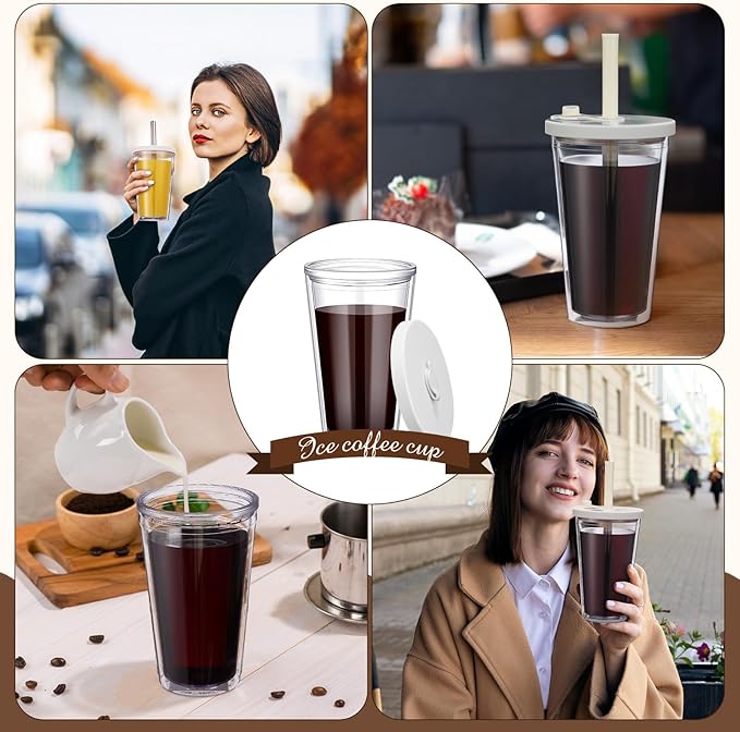 Honeydak 2 Pack 16 oz Reusable Iced Coffee Cups with Lids and Straws Leakproof Double Wall Insulated Clear Plastic Iced Coffee Tumblers with Straw Brushes