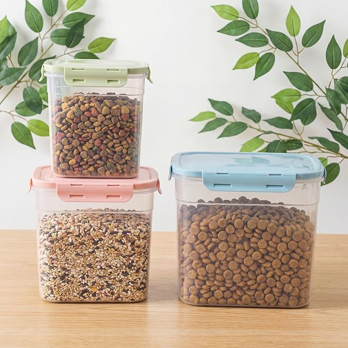 Patelai 6 Pcs Dog and Cat Food Storage Containers with Scoops Set Plastic Pet Food Storage Containers Stackable Airtight Dry for Kitchen 1.27, 2.4, 4 Qt (Pink,Blue,Green)
