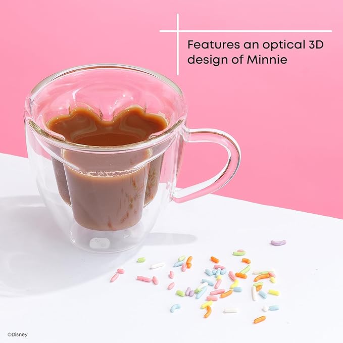 JoyJolt Disney Minnie Mouse 3D Double Wall Espresso Glasses, 5.4oz Small Glass Mugs with Handles, Coffee Cups Set of 2, Insulated Clear Glasses for Double Shot Espresso Cappuccino Tea, Disney Gifts