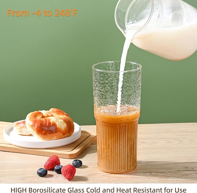 20oz Glass Cups With Glass Lids and Straws, High Borosilicate Iced Coffee Cups, Reusable Glass Tumblers for Coffee, Tea, Juice, Smoothies, Hot/Cold Drinks at Home, Office - 2 Packs