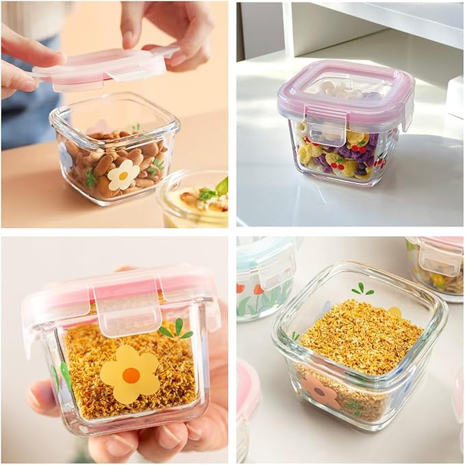 Ivymei 2 Pack Mini Square Glass Containers with lids,Small Floral Food Storage Contaiers Glass Food Jars for Food Portion,Dipping Sauce,Snack,Yogurt,Leakproof,Microwave Freezer Safe