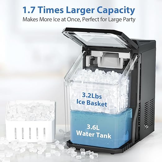 Aeitto Nugget Ice Maker Countertop, 55lbs/24H Ice Machine with 3.6L Water Tank&3.2Lbs Ice Basket, Self-Cleaning Pebble Ice Maker with Stainless Steel Housing for Home Office and Party, Black