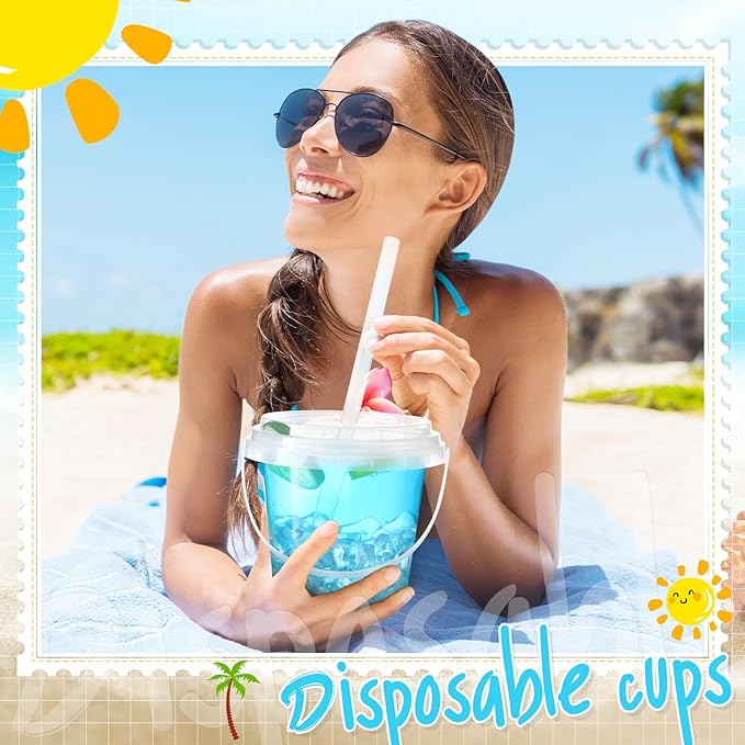 Funnymoom 50 Set 24oz Clear Plastic Drink Buckets with Lids and Straws Disposable Iced Coffee Cups Rum Buckets for Cocktail Parties Smoothie Cup Bulk with Handles for Beach Pool Party Supplies
