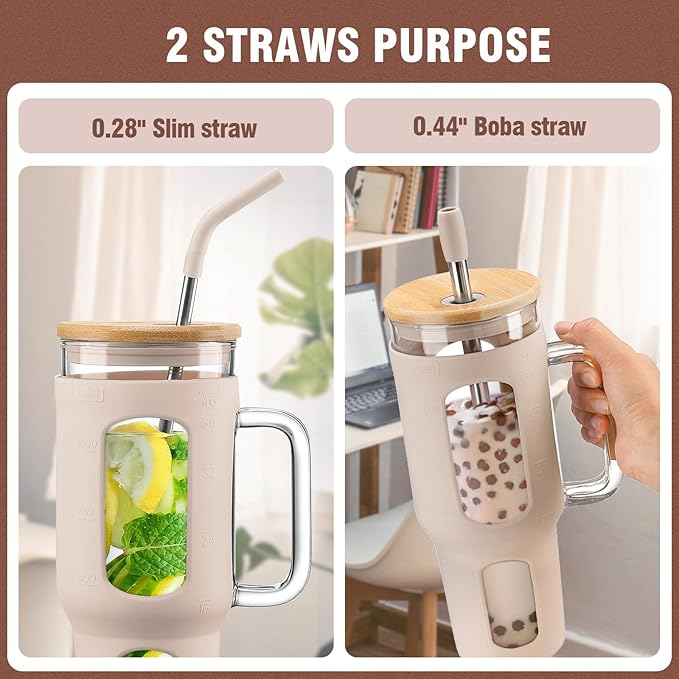 WINSA Glass Tumbler with Lid and Straw, 46 oz Iced Coffee Cup with Handle, Large Water Bottles with Silicone Sleeve, Glass Cup with Straws - Pearl Straw & Drinking Straw BPA Free-Amber