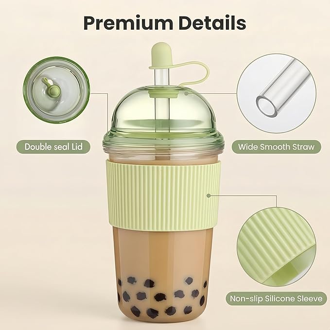 Reusable Ices Coffee Cups with Lids and Straws 17oz, Boba Cup with Straw, Tumbler with Silicone Sleeve for Cold Drinks, Iced Coffee, Bubble Tea Green,