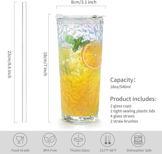 Puraville 2 Pack 18oz Glass Cups with Lids and Straws, Vintage Ribbed Striped Glacier Pattern Thickened Glassware for Whiskey Cocktail Beer, Mason Jar Drinking Glasses Tumbler Iced Coffee Cup, Rainbow