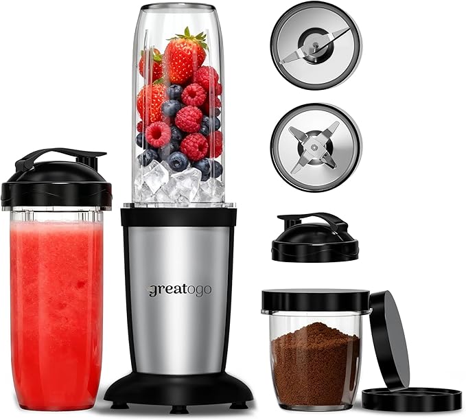 Compact Personal Blender for Smoothies & Shakes, 2-in-1 Bullet Blender and Grinder with 11-Piece Set, 2×24oz To-Go Cups + 10oz Grinding Cup, Ice Crushing, BPA-Free, Dishwasher Safe,Ideal Gift