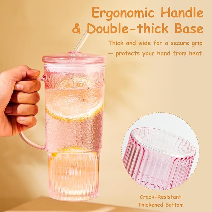 JunVpic Glass Cups with Lids and Straws,24oz Glass Tumbler with Handle Iced Coffee Cup for Coffee,Juice,Tea,Milk,Smoothie,Hot & Cold Drinks (Pink)
