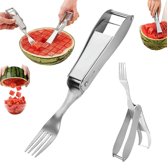 Watermelon Cutter, 2-in-1 Stainless Steel Fruit Cutter, Dual Head Watermelon Fork Slicer Tool, Summer Fruit Cutting Kitchen Gadget for Home (Fold-1PCS)