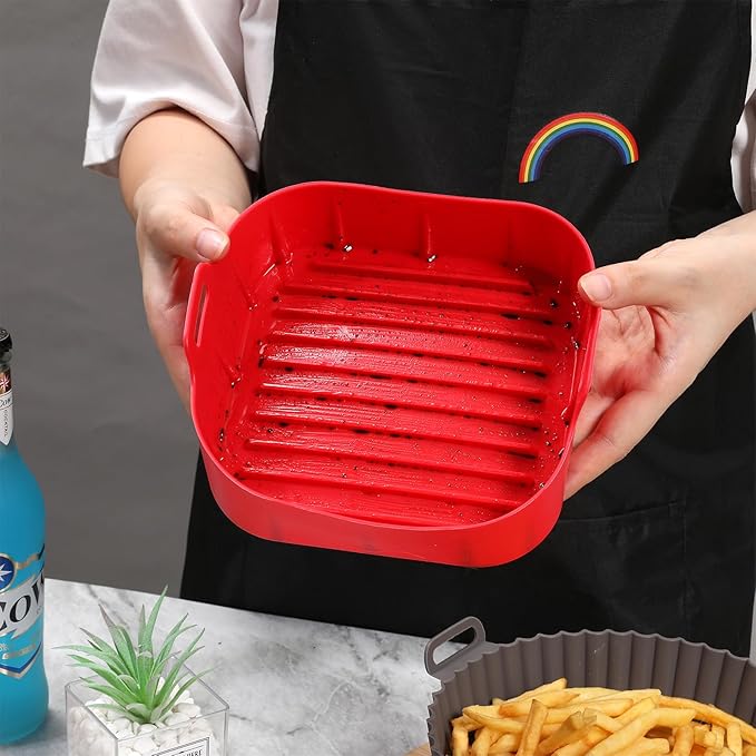 2Pcs Air Fryer Silicone Liners,Air Fryer Silicone Liners Fit 3-6QT Air fryer, Reusable Food Grade Silicone Air fryer Liners Baking Tray Basket Accessories(Square,7.5 Inch)