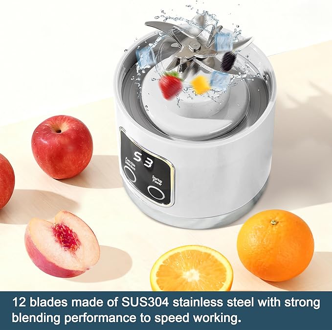 Portable blender,USB-C rechargeable,Personal compact travel juicer cup15OZ for Shakes, Smoothies,Fresh juice,Self-cleaning,Leakproof lid, Smart time display,12 blades,with strong blending White