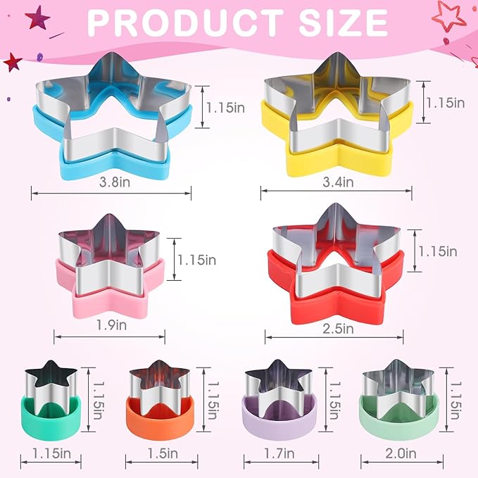8-Piece Star Cookie Cutter Set with Storage Box - Heavy Duty Stainless Steel Baking Tools, Plastic Handles, Dishwasher Safe, Kids Friendly for Cookies, Biscuits, Vegetable, Fruit and Sandwiches