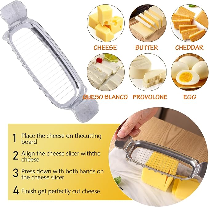 Butter & Cheese Slicer Cutter, Stainless Steel Wire Cheese Slicer, Safe for Food Contact, Multipurpose Handheld Butter Cutter for Block Cheese, Butter, Soft Fruits, and Dishwasher Safe