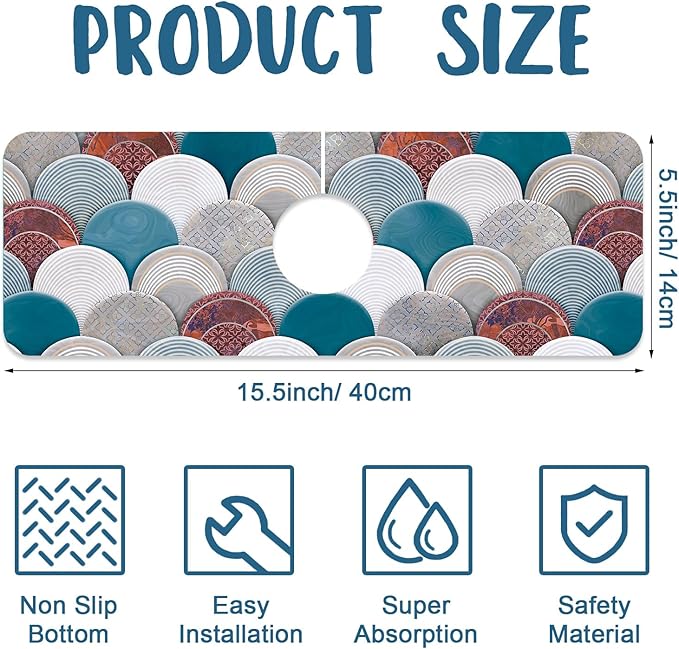 Wall Tiles Texture Sink Splash Guard Ceramic Decor Faucet Absorbing Mat Fast Drying Mat Sink Gadgets Splash Guard Behind Faucet Drip Catcher for Kitchen Bathroom, 15.5"x5.5"