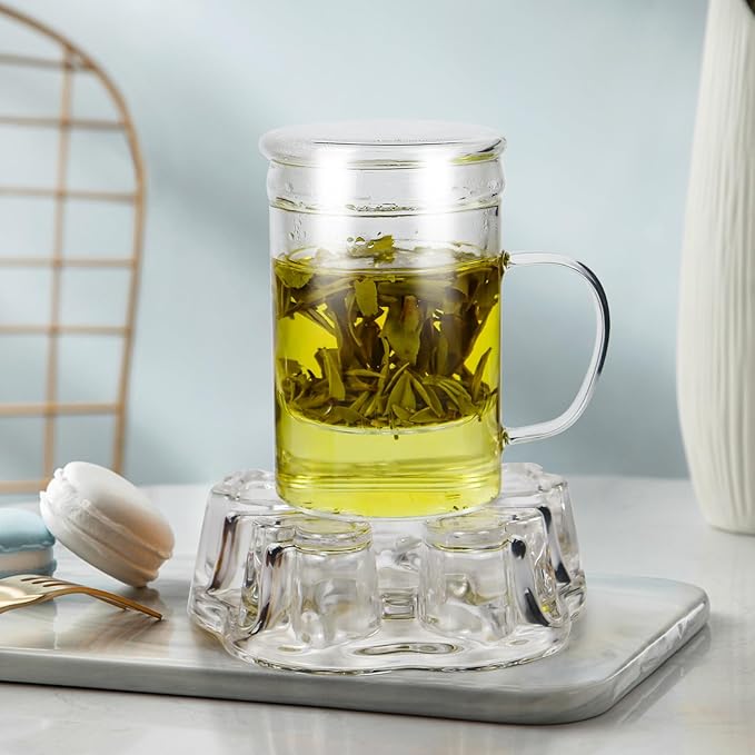 2-IN-1 Glass Tea Sets for Adults - Includes Glass Teapot and Mug with Infuser, Warmer Base, 4 Double Wall Glass Tea Cup - for Both Personal and Gathering Tea Time, Gifts for Tea Lovers
