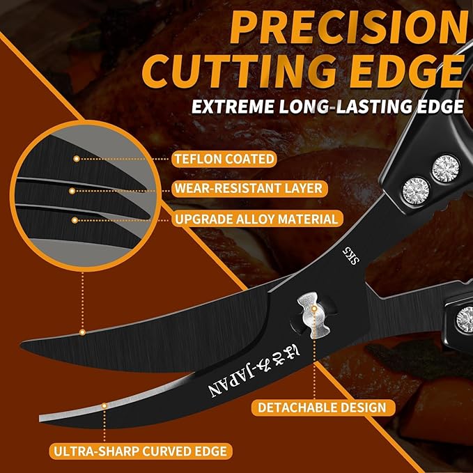 Huusk Kitchen Shears Set Black - Professional Seafood & Kitchen Scissors Set, Sharp Japanese-Style Meat Scissor for Crab, Shrimp, Lobster, Herbs and Food Prep, Christmas Gifts for Men Women