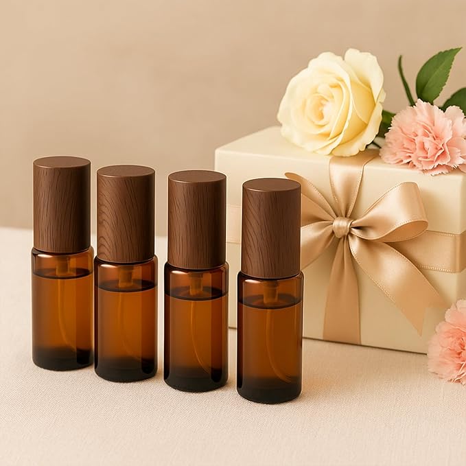 4Pcs 30ml Amber Glass Spray Bottles with Wood Grain Plastic Caps Refillable Fine Mist Atomizer Empty Travel Perfume Bottle for Essential Oils, Skincare, DIY Scents