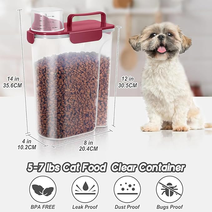 LEAWALK 5-7Lbs Dog Cat Food Storage Container with Upgraded Large Nozzle BPA-free, 4 Snap Seals Plastic Pet Food Storage Containers with Handles (Elegant Red, 5L-1pack)