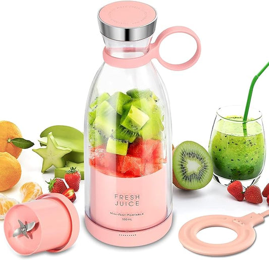 Personal Portable Blender, 350ml USB Rechargeable Smoothie Maker with Stainless Steel Blade, BPA-Free & Easy Clean, Compact Travel Cup for Gym, Office, Home - Pink